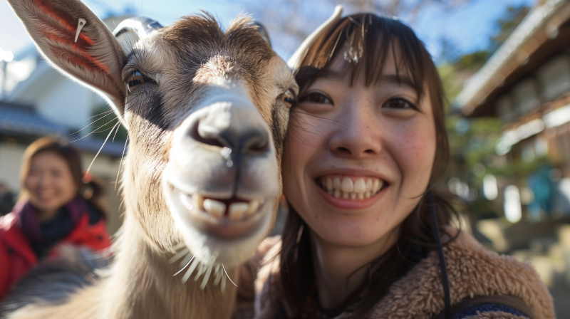 Smiling visitor taking a selfie with a friendly llama at a petting zoo in Houston, TX.