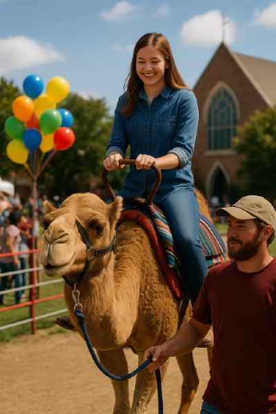 Camel Rides – Family Fun Celebrations | Houston, TX Smiling guest enjoying a camel ride at a Houston festival event.