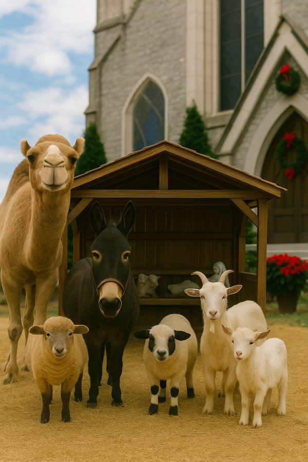 Camel, donkey, and goats in a Christmas nativity animal display at a Houston church event.